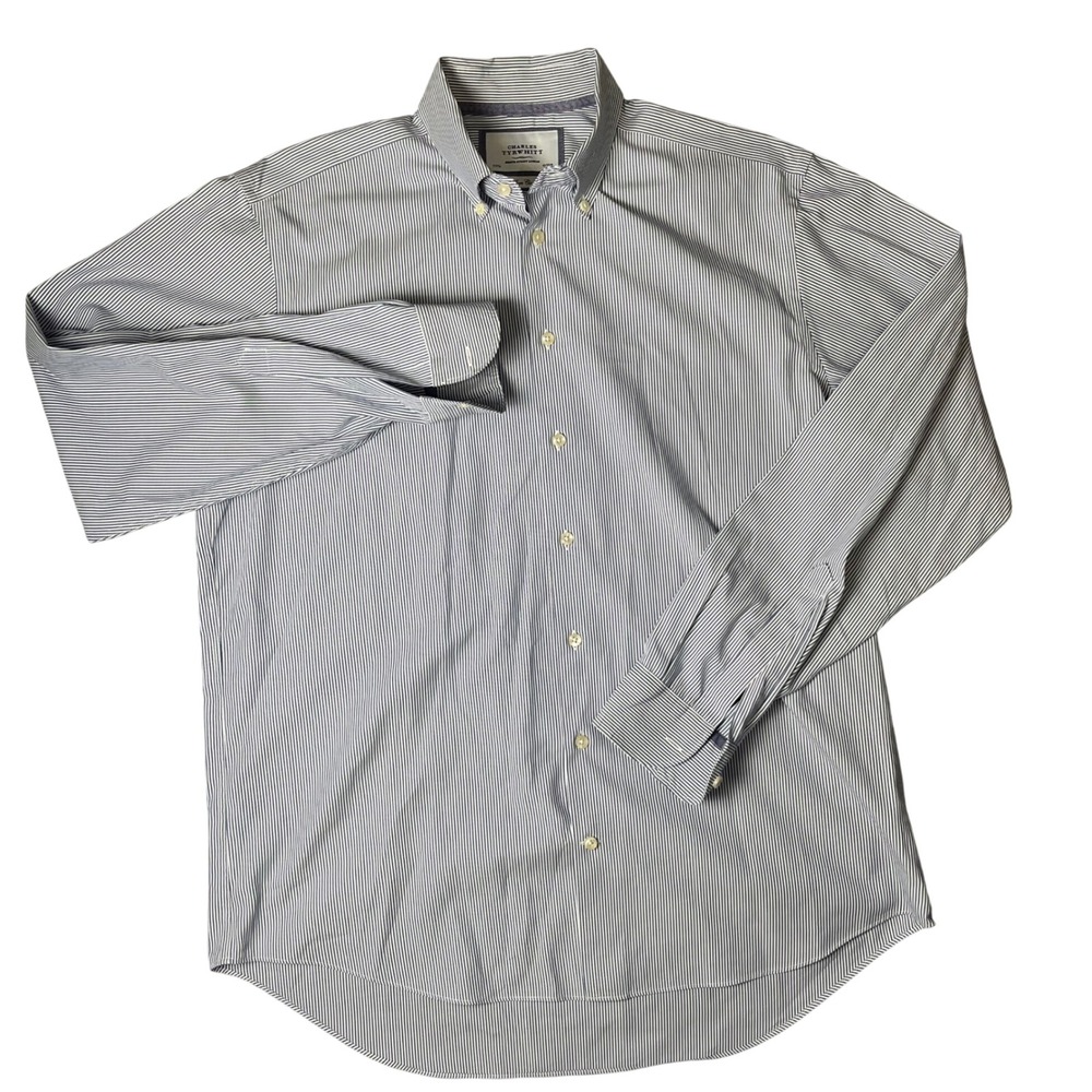 Charles Tyrwhitt Button Down Shirt Mens 17/37 Blue Pinstripe Non Iron Classic - Picture 2 of 6